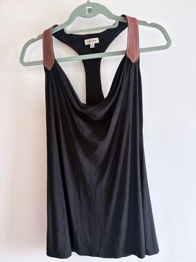 Akiko Black Y2K Draped Tank with Brown Leather Straps